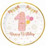 Karton Tabak Gold Varaklı 1 Yaş Pembe 23 cm 6 Parça