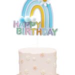 Pasta Üstü Çubuklu Happy Birthday Gökkuşağı Model Ponponlu Mavi