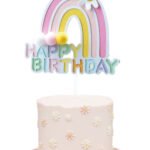 Pasta Üstü Çubuklu Happy Birthday Gökkuşağı Model Ponponlu Pembe