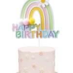 Pasta Üstü Çubuklu Happy Birthday Gökkuşağı Model Ponponlu Yeşil