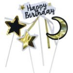 Pasta Üstü Çubuklu Happy Birthday Yıldızlı Kurdeleli 4 Parça