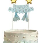Pasta Üstü Çubuklu Happy Birthday Yıldızlı Tüllü Mavi