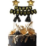 Pasta Üstü Çubuklu Happy Birthday Yıldızlı Tüllü Siyah