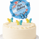 Pasta Üstü Dekor Çubuk Happy Birthday Kelebekli 4'lü Mavi