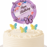 Pasta Üstü Dekor Çubuk Happy Birthday Kelebekli 4'lü Mor