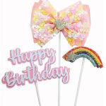 Pasta Üstü Happy Birthday Tüllü Gökkuşağı Temalı 3 Parça Pembe