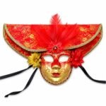 Maske Venedik Çiçekli Tüylü Lüks Şapkalı Kırmızı