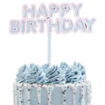 Pasta Üstü Akrilik Çubuklu Beyaz Çerçeveli Happy Birthday Mavi
