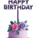 Pasta Üstü Akrilik Çubuklu Beyaz Çerçeveli Happy Birthday Mor