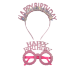 Plastik Happy Birthday Taç Gözlük Set Simli Pembe
