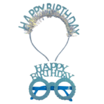 Plastik Happy Birthday Taç Gözlük Set Simli Mavi