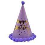 Ponponlu Şapka Makaron Parlak Happy Birthday Varak Baskılı Lila