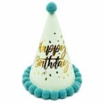 Ponponlu Şapka Makaron Parlak Happy Birthday Varak Baskılı Mavi