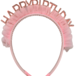 Taç Taşlı Happy Birthday Yazılı Tüllü Pembe